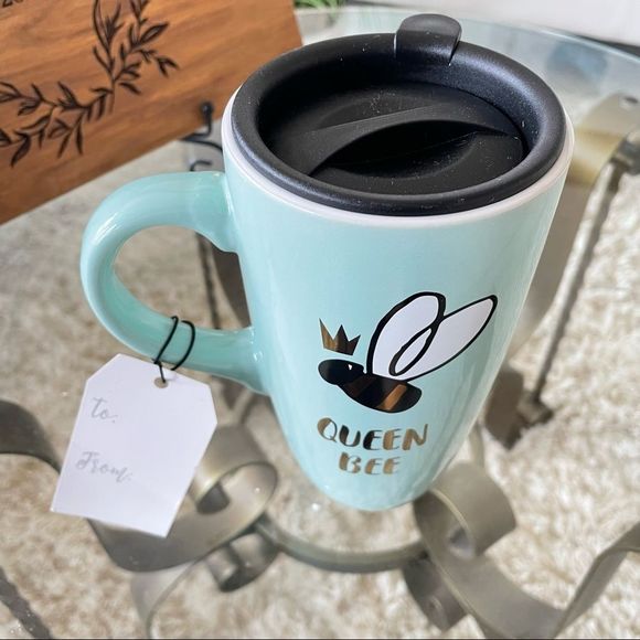 NWT Sheffield Home Beautiful Queen Bee Mint Green Tall Travel Coffee Mug w/ Lid - Picture 6 of 14